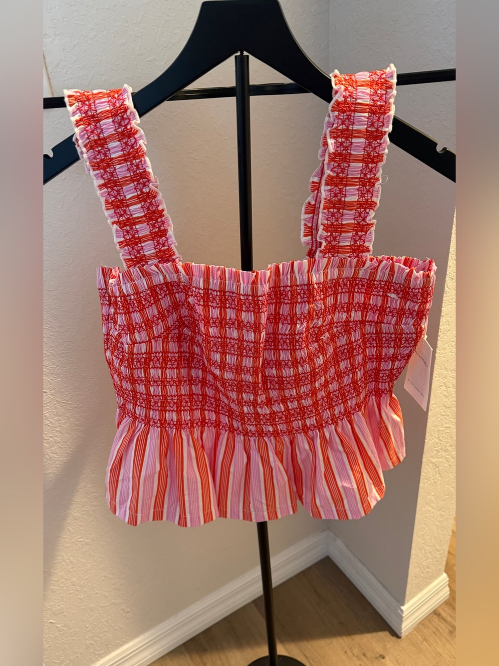 Striped Red & White Smocked Ruffle Crop Top